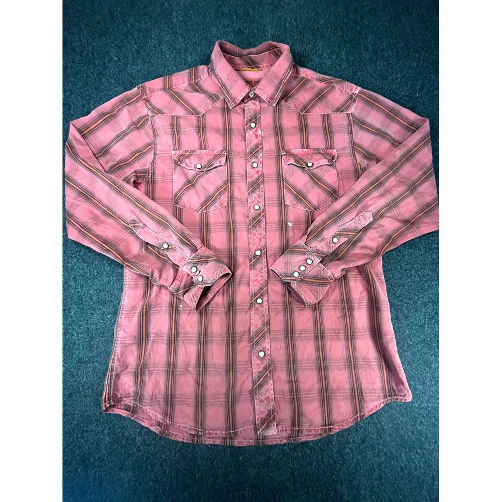 True Grit Western Shirt Mens Medium Pink Plaid Cotton‎ Pearl Snap Ranch Cowboy